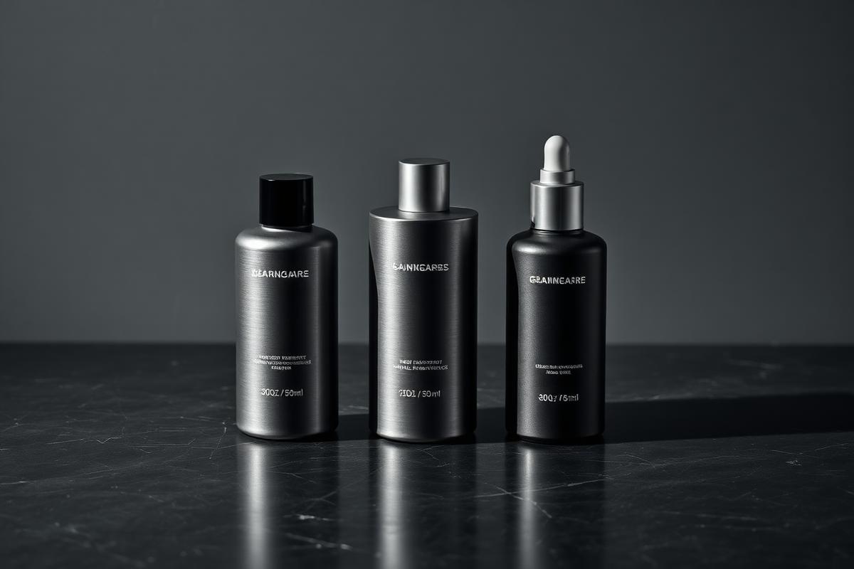 Brushed aluminum men's skincare bottles on a steel surface