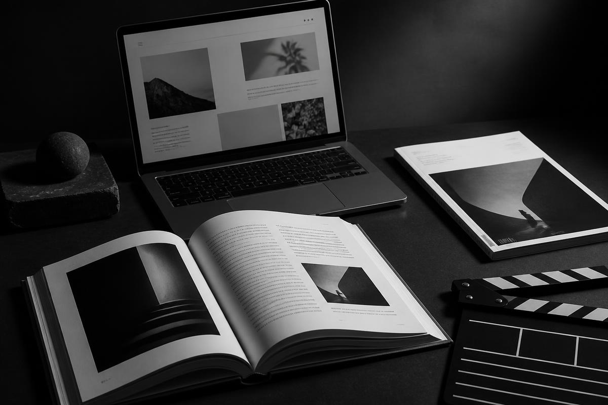Monitmer Media black-and-white still life of a book spread, magazine, laptop website layout, and film clapper