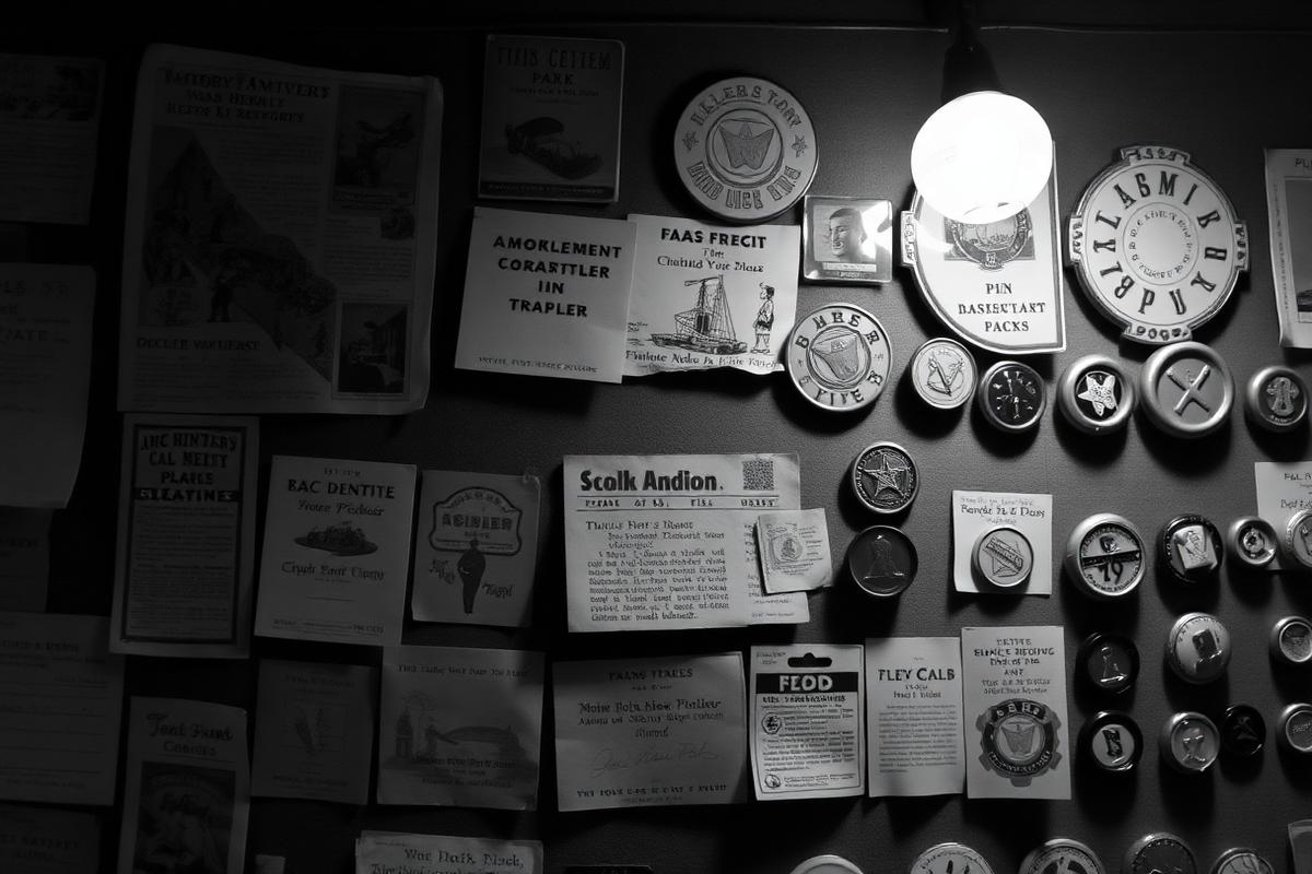 Archive wall of vintage park ephemera and collectible pins